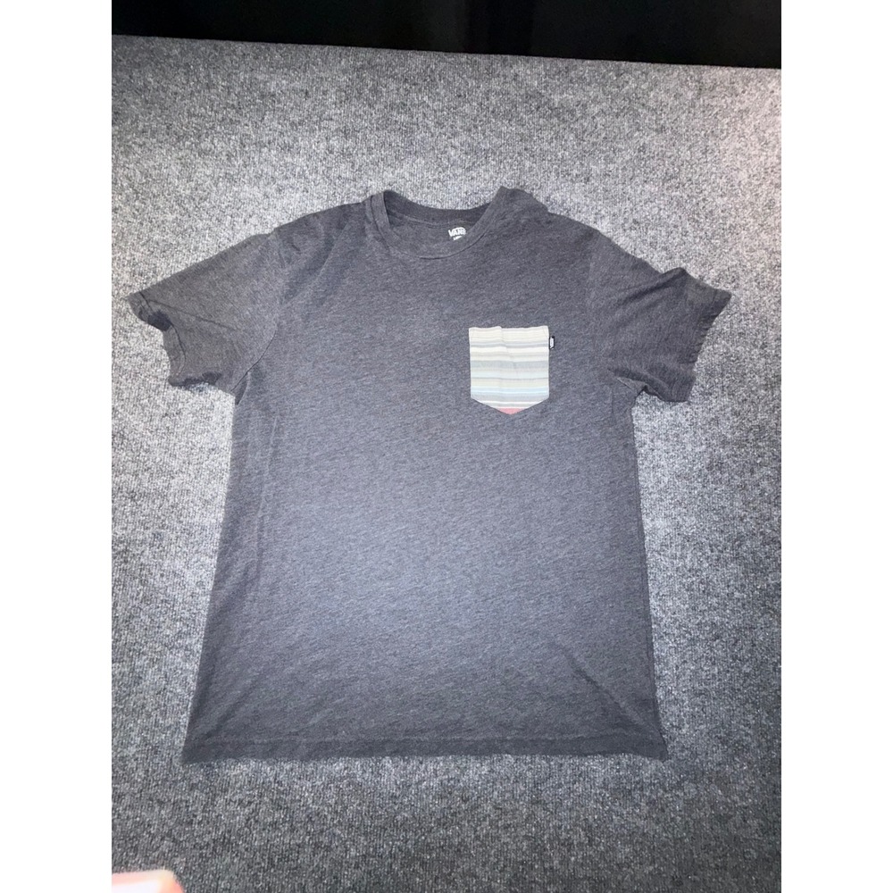 Vans Mens Large Charcoal Heather Grey Short Sleeve Striped Pocket T-Shirt